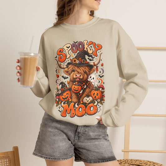 Spooky Moo Halloween Sweatshirt β Cute Highland Cow Pumpkin Design