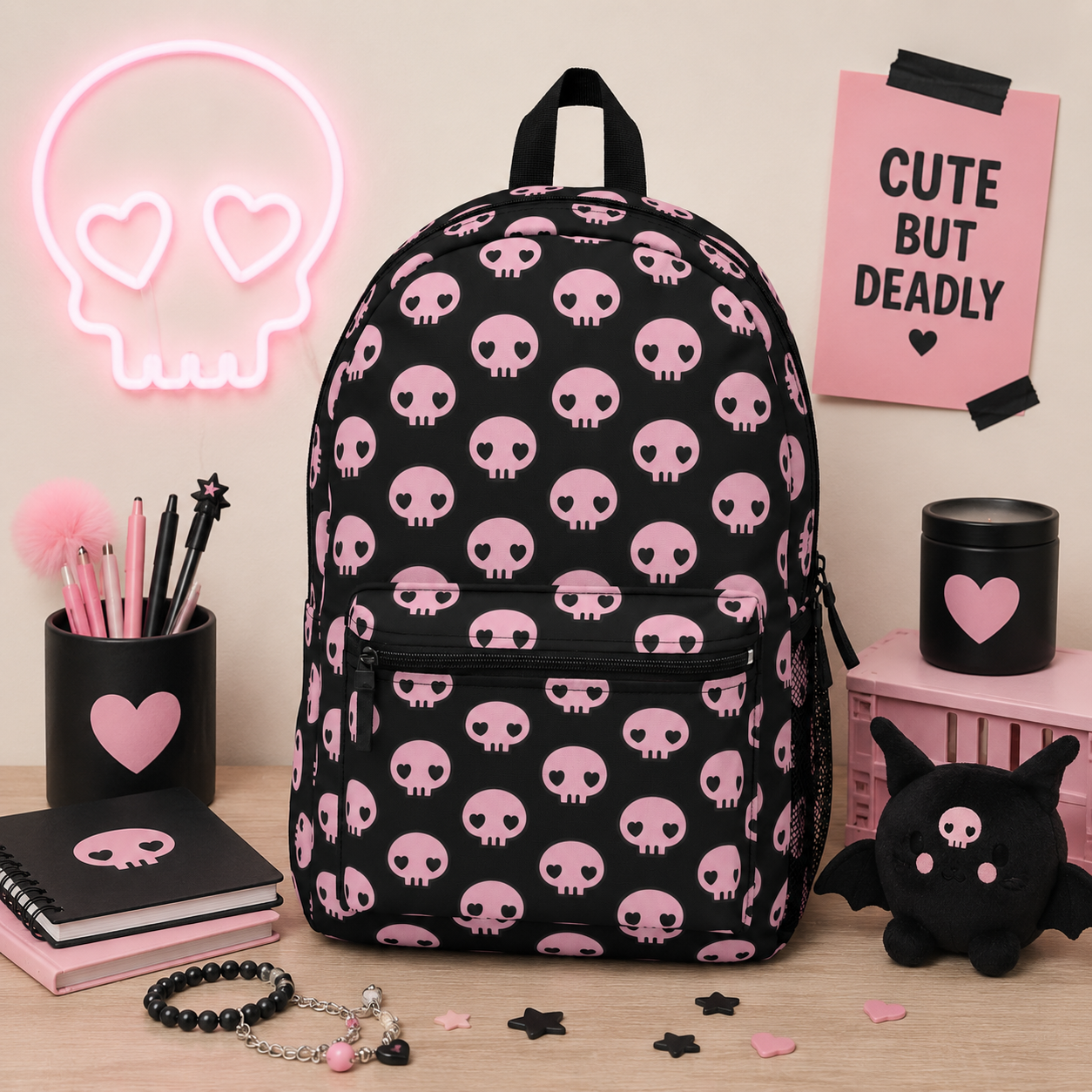 Pink Skull Pattern Backpack | Cute Goth Skull Print