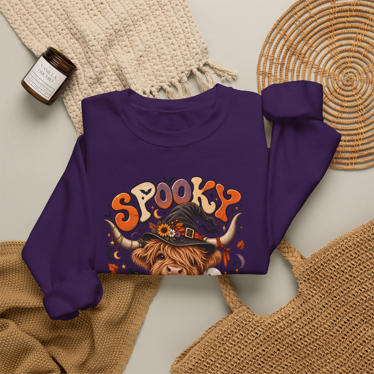 Spooky Moo Halloween Sweatshirt — Cute Highland Cow Pumpkin Design