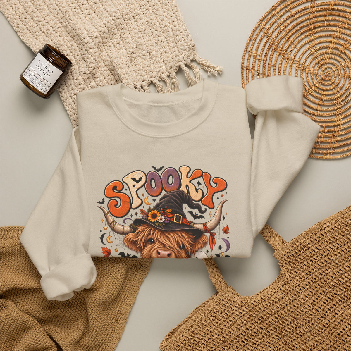Spooky Moo Halloween Sweatshirt — Cute Highland Cow Pumpkin Design