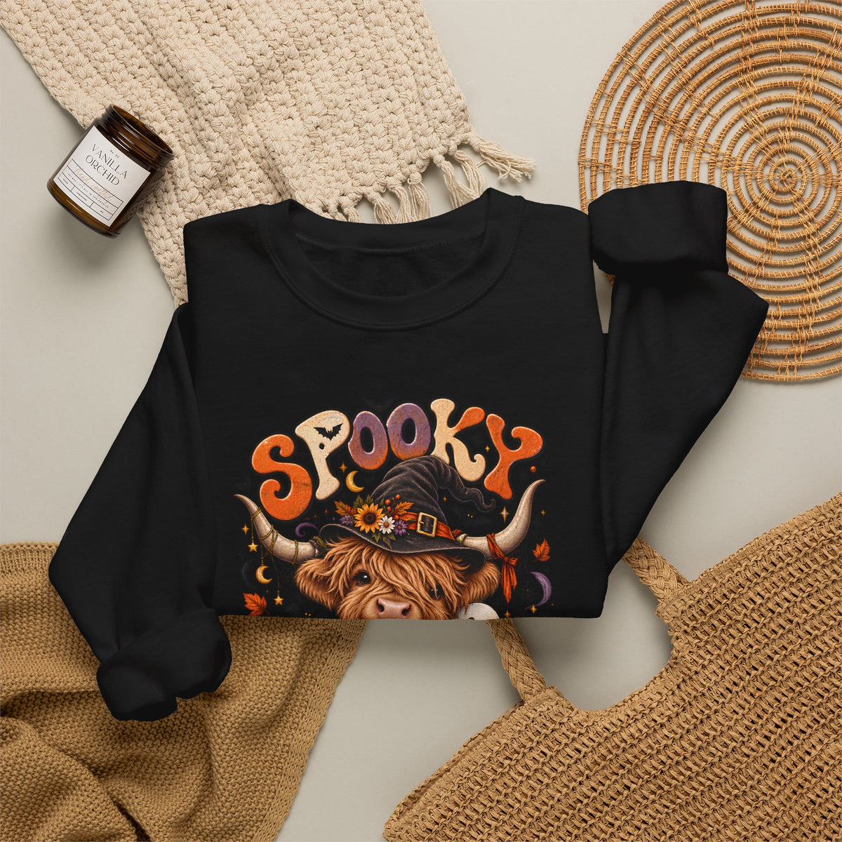 Spooky Moo Halloween Sweatshirt — Cute Highland Cow Pumpkin Design
