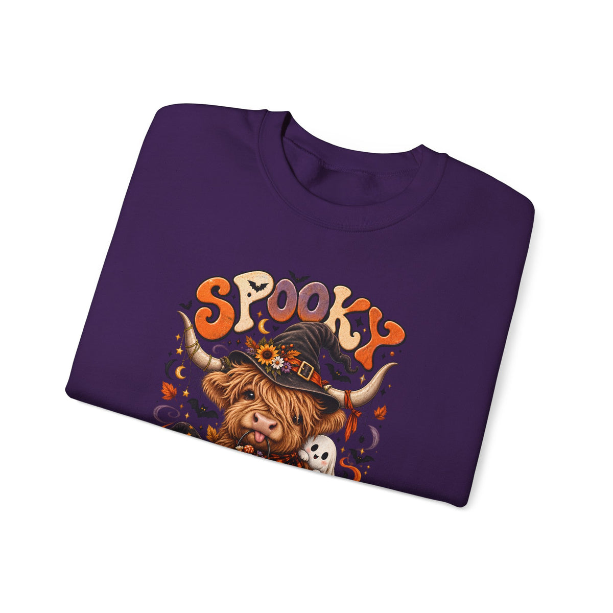Spooky Moo Halloween Sweatshirt — Cute Highland Cow Pumpkin Design
