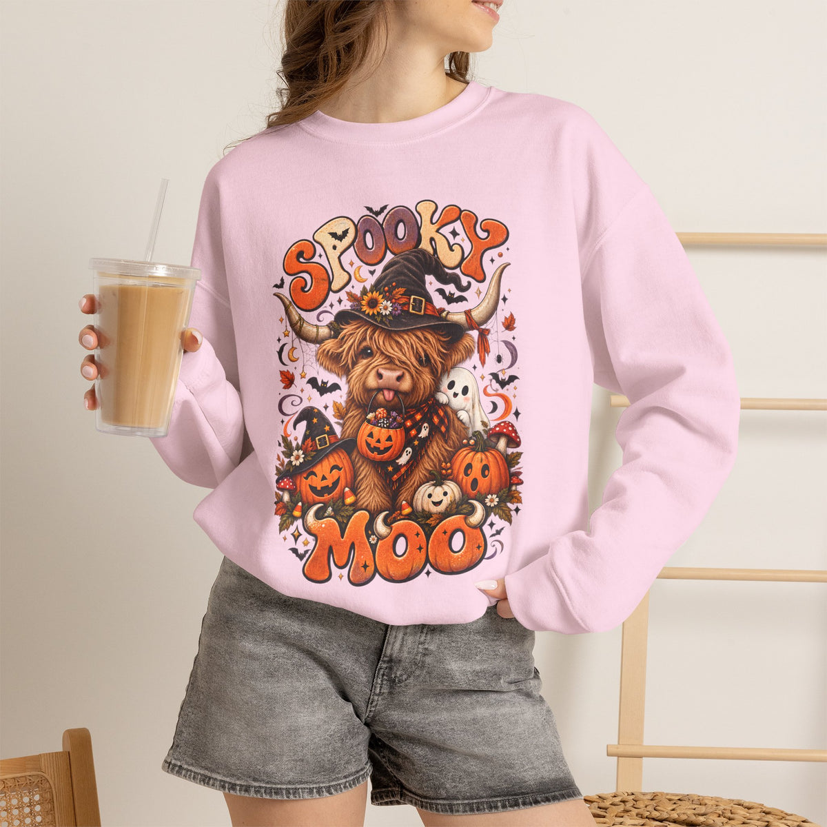 Spooky Moo Halloween Sweatshirt — Cute Highland Cow Pumpkin Design