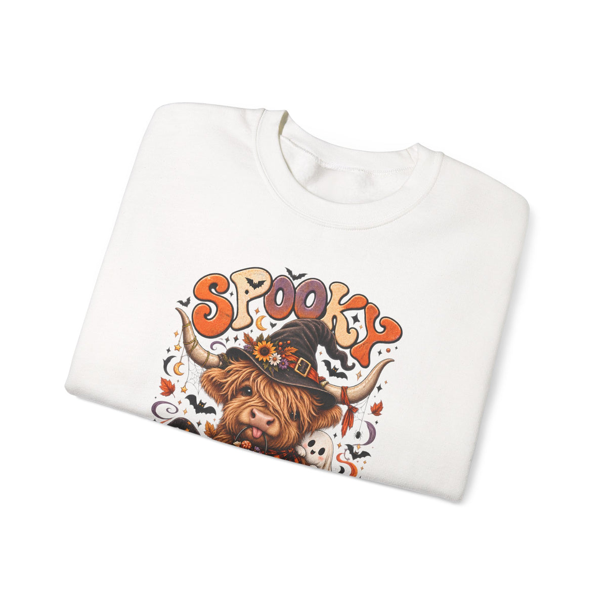 Spooky Moo Halloween Sweatshirt — Cute Highland Cow Pumpkin Design
