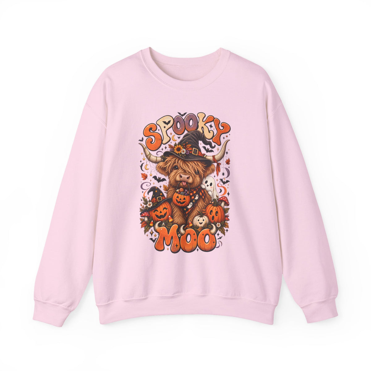 Spooky Moo Halloween Sweatshirt — Cute Highland Cow Pumpkin Design