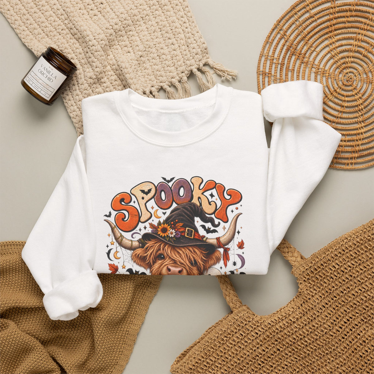 Spooky Moo Halloween Sweatshirt — Cute Highland Cow Pumpkin Design
