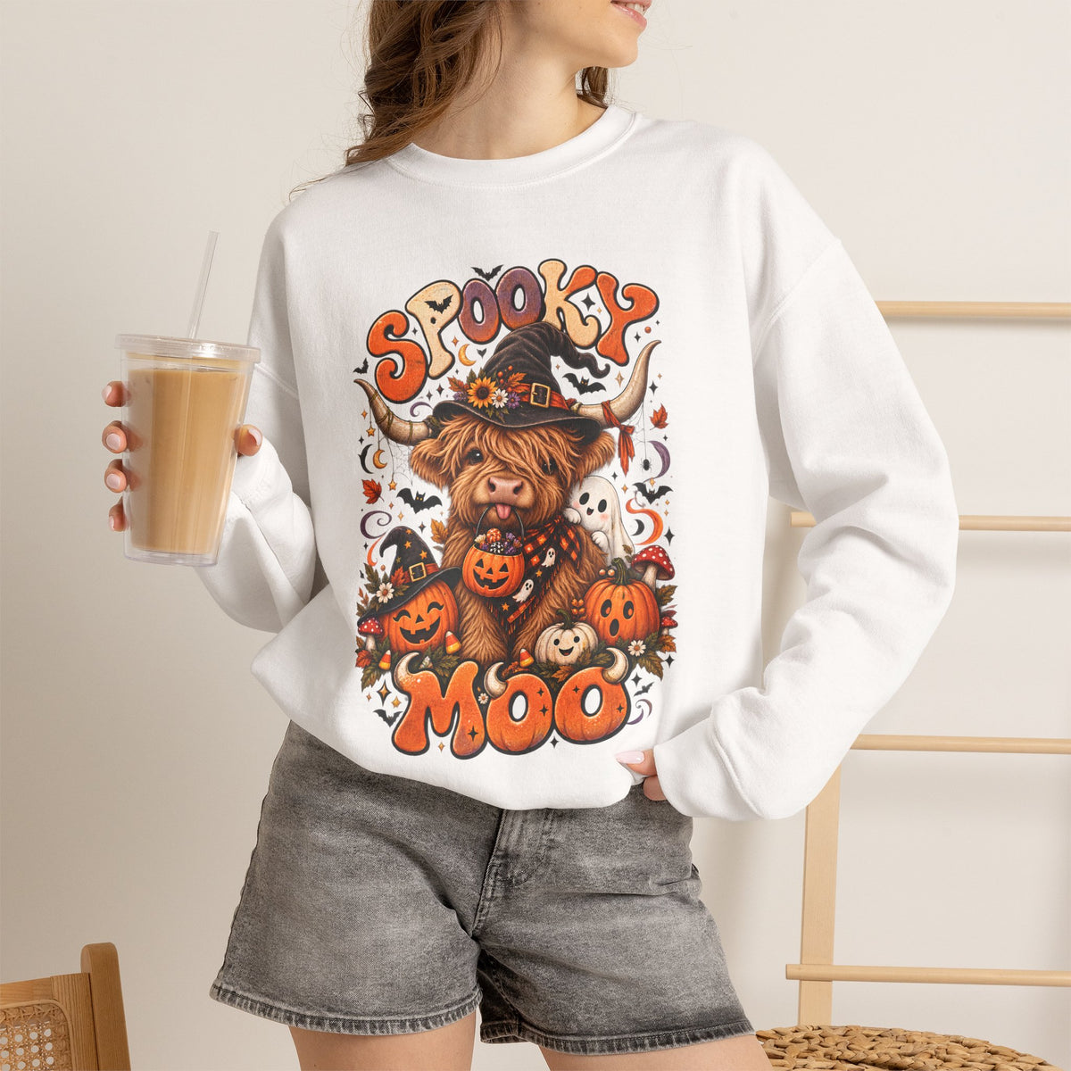 Spooky Moo Halloween Sweatshirt — Cute Highland Cow Pumpkin Design