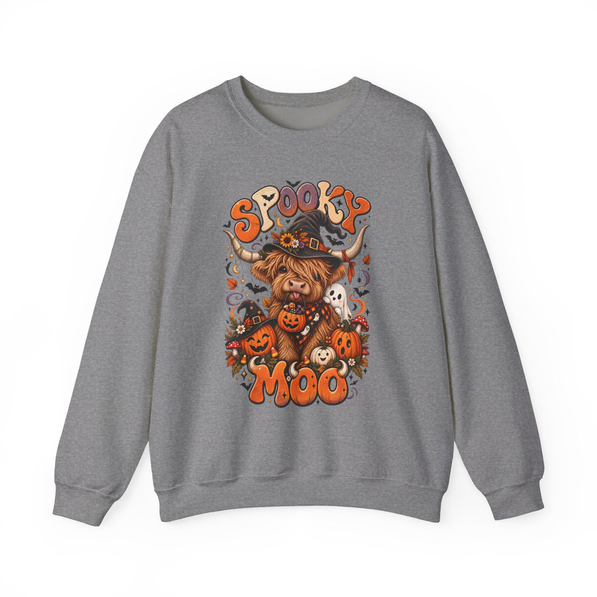 Spooky Moo Halloween Sweatshirt — Cute Highland Cow Pumpkin Design