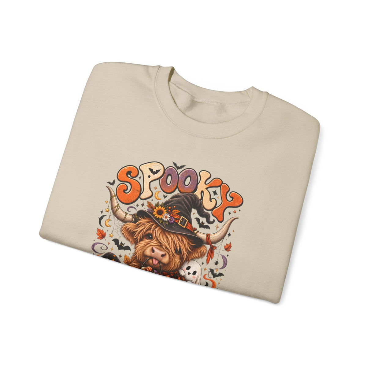 Spooky Moo Halloween Sweatshirt — Cute Highland Cow Pumpkin Design