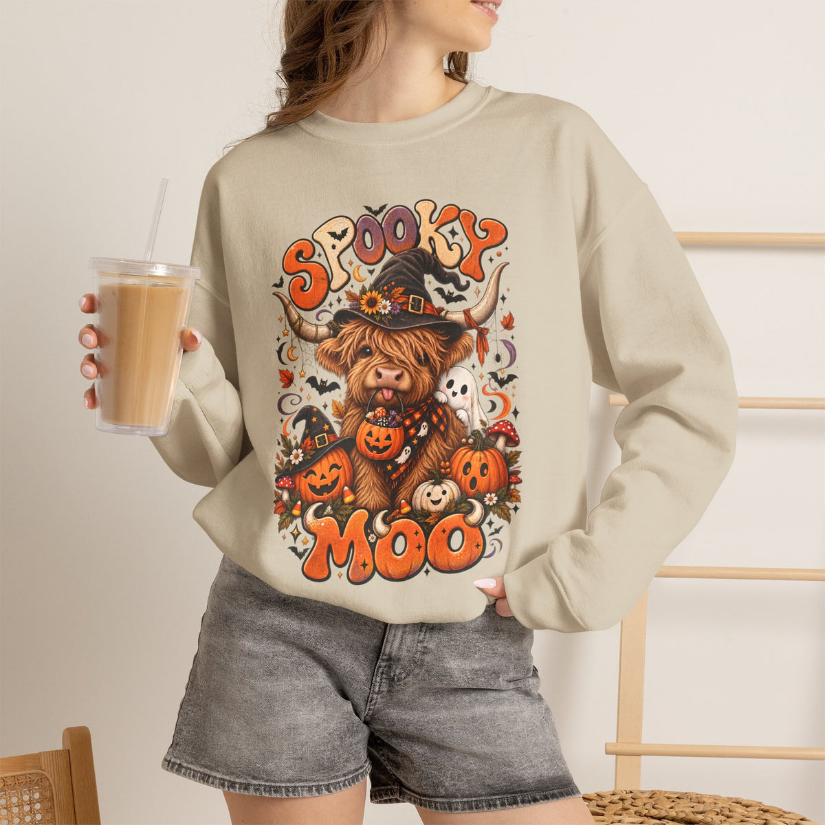 Spooky Moo Halloween Sweatshirt — Cute Highland Cow Pumpkin Design
