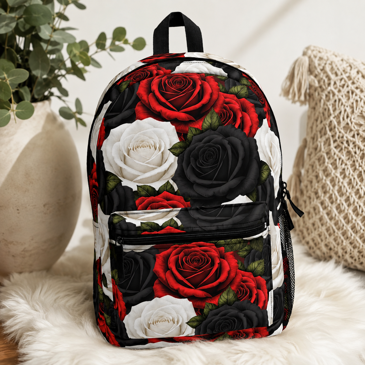 Red White Black Rose Pattern Backpack | Floral All-Over Print