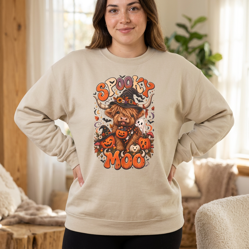 Spooky Moo Halloween Sweatshirt — Cute Highland Cow Pumpkin Design
