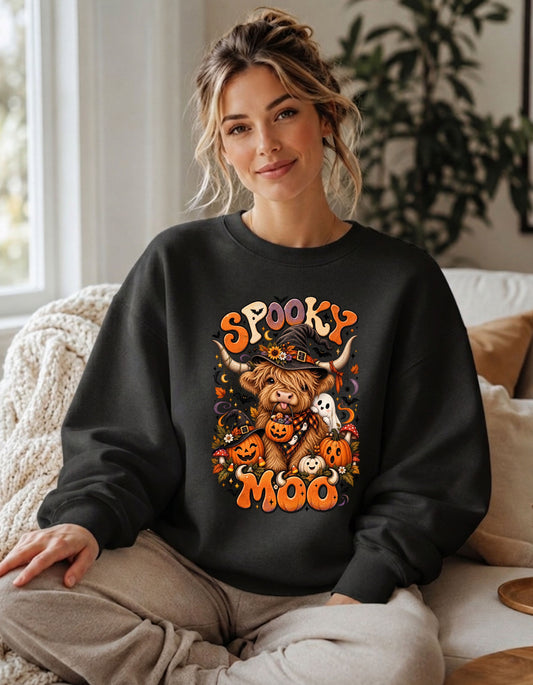 Spooky Moo Halloween Sweatshirt — Cute Highland Cow Pumpkin Design