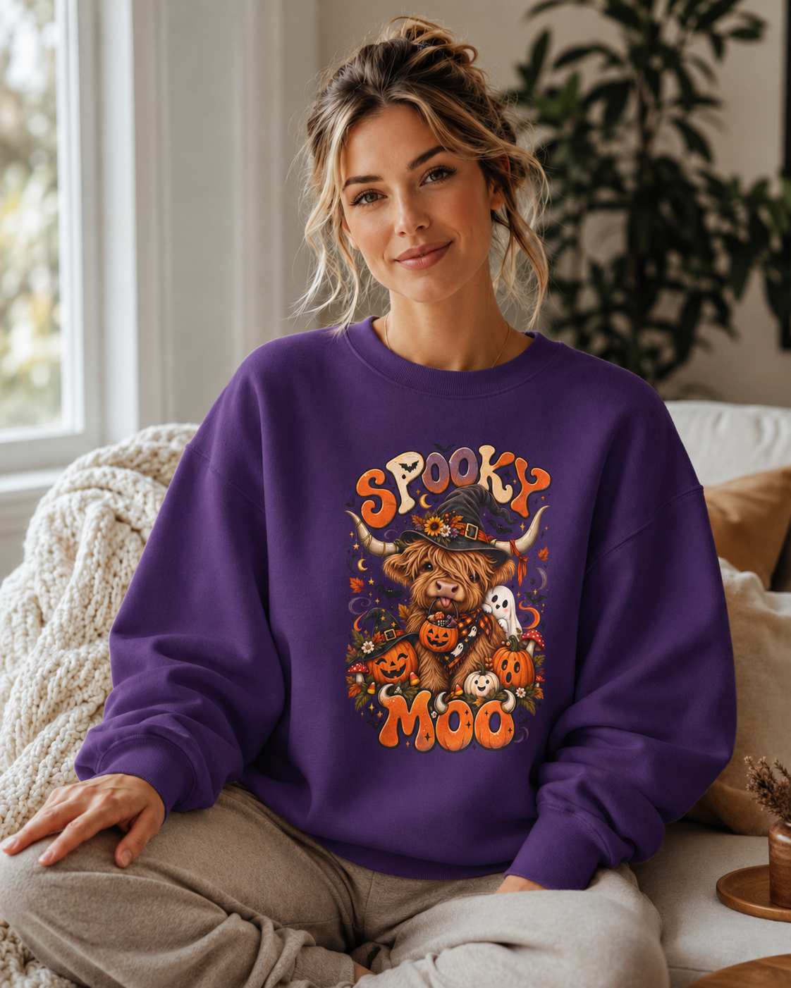 Spooky Moo Halloween Sweatshirt — Cute Highland Cow Pumpkin Design