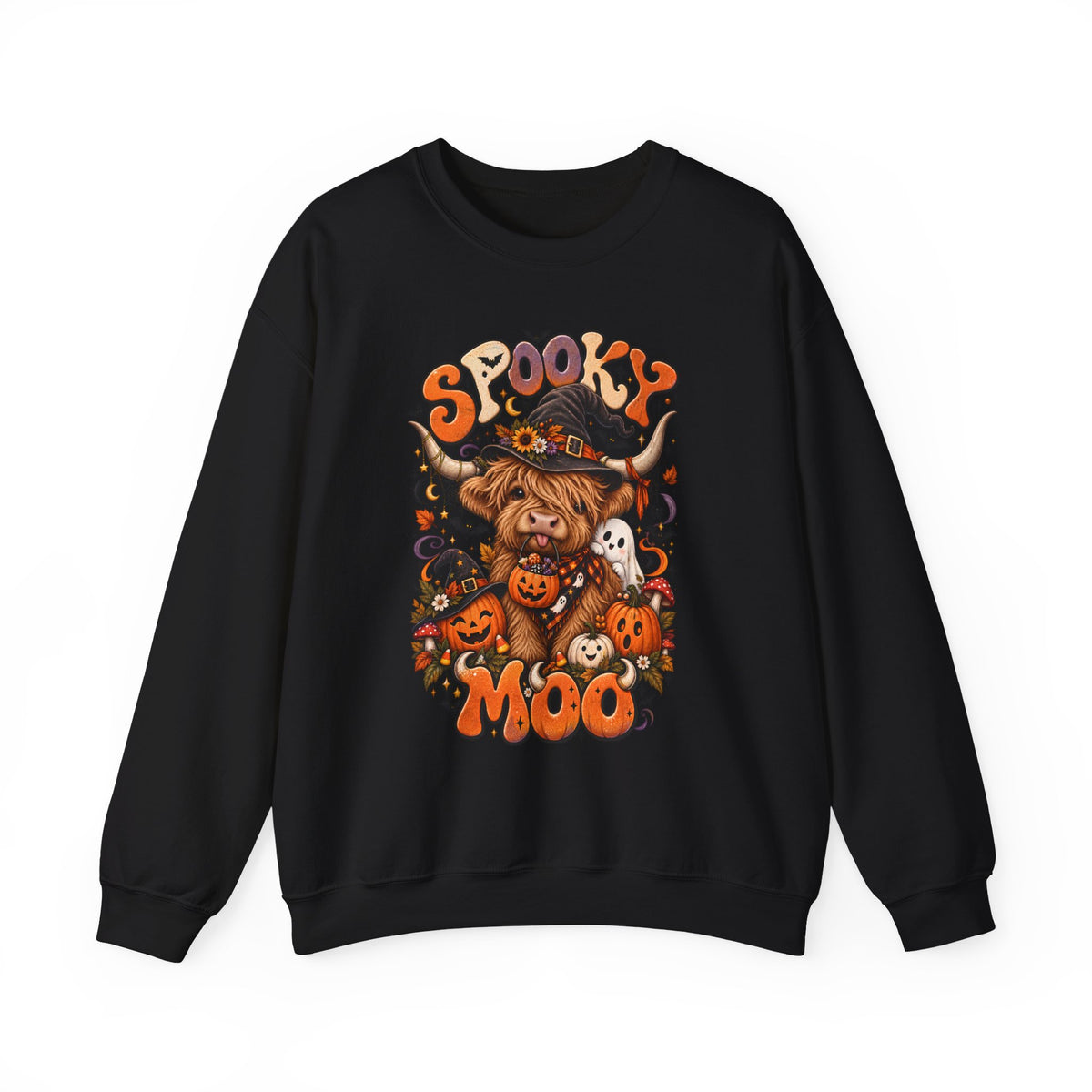 Spooky Moo Halloween Sweatshirt — Cute Highland Cow Pumpkin Design