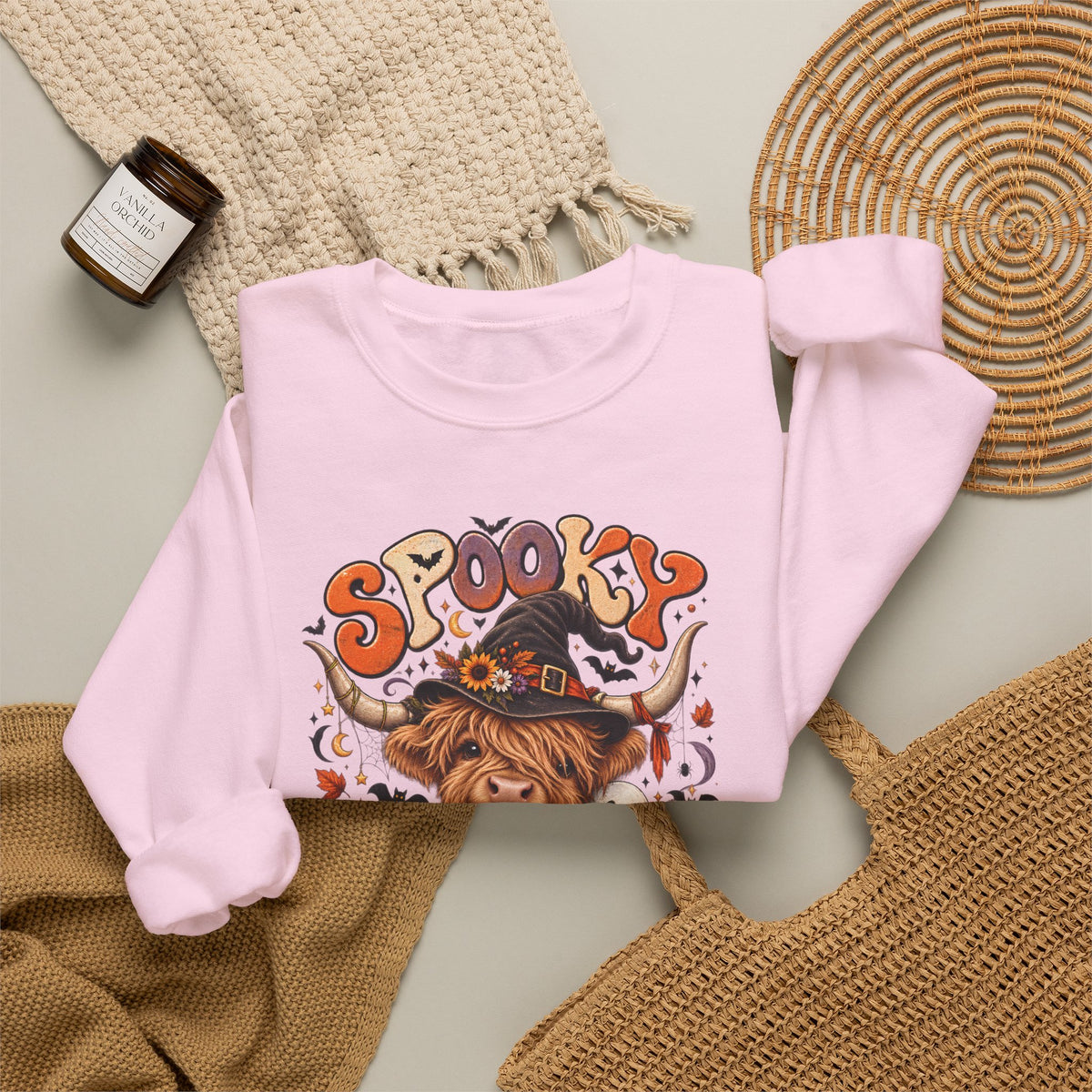 Spooky Moo Halloween Sweatshirt — Cute Highland Cow Pumpkin Design