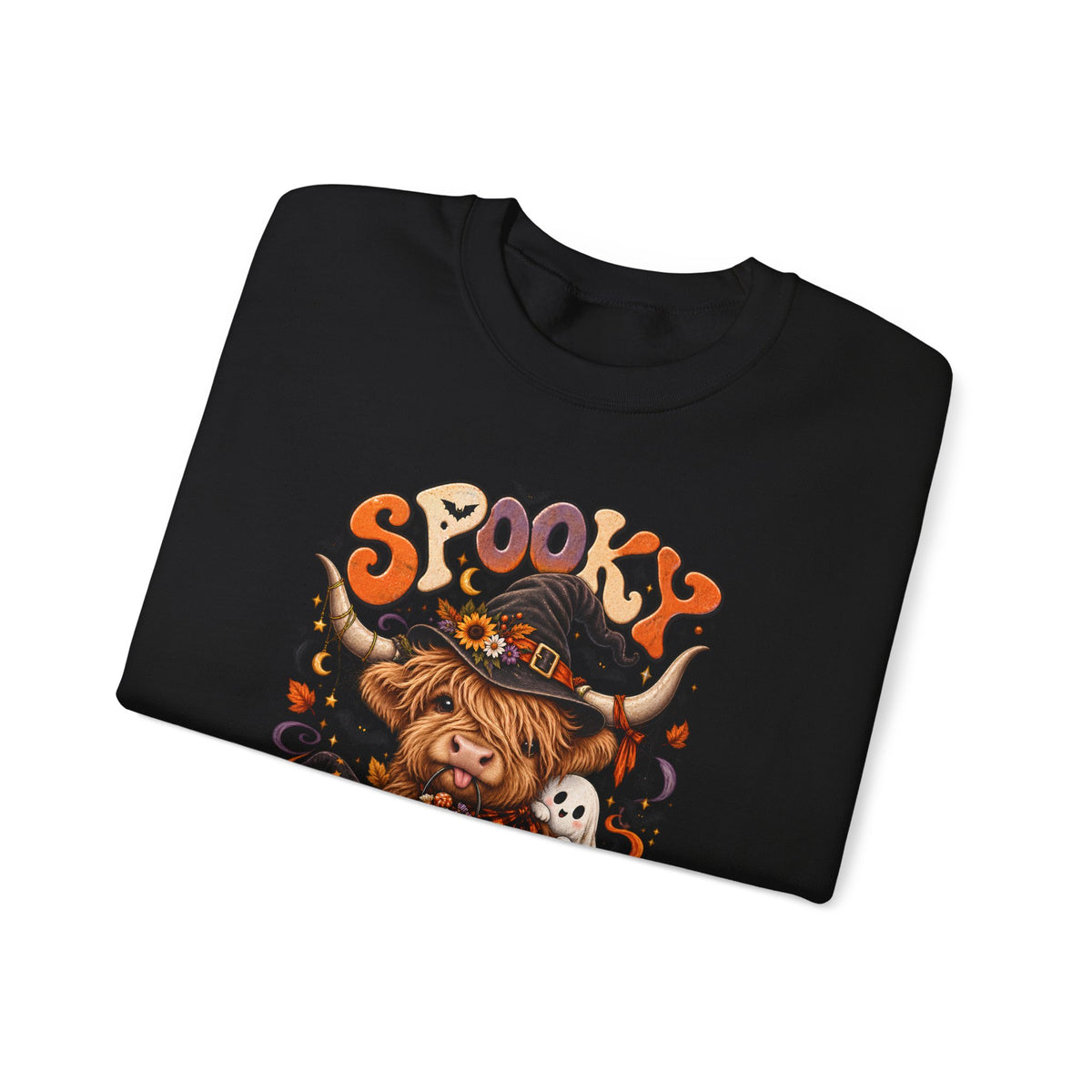 Spooky Moo Halloween Sweatshirt — Cute Highland Cow Pumpkin Design