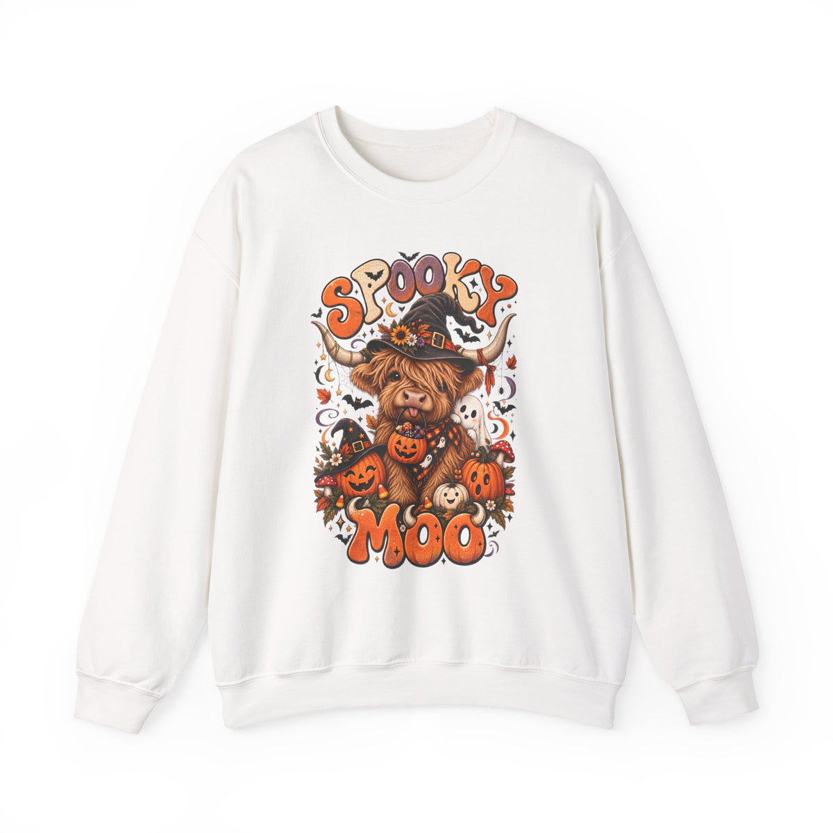 Spooky Moo Halloween Sweatshirt — Cute Highland Cow Pumpkin Design