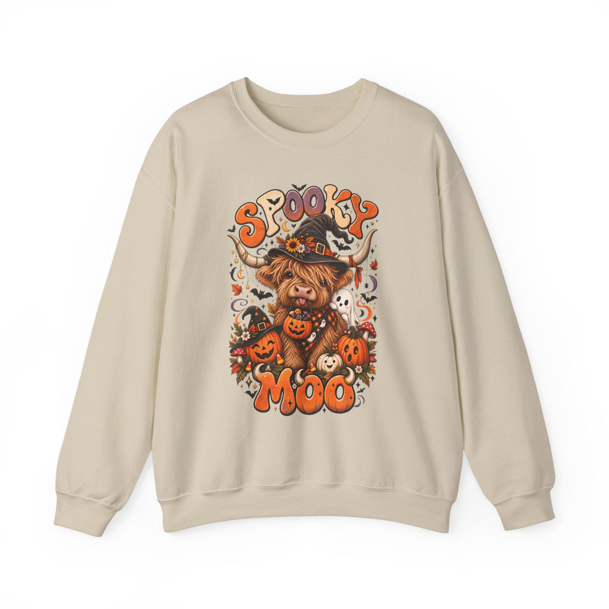 Spooky Moo Halloween Sweatshirt — Cute Highland Cow Pumpkin Design