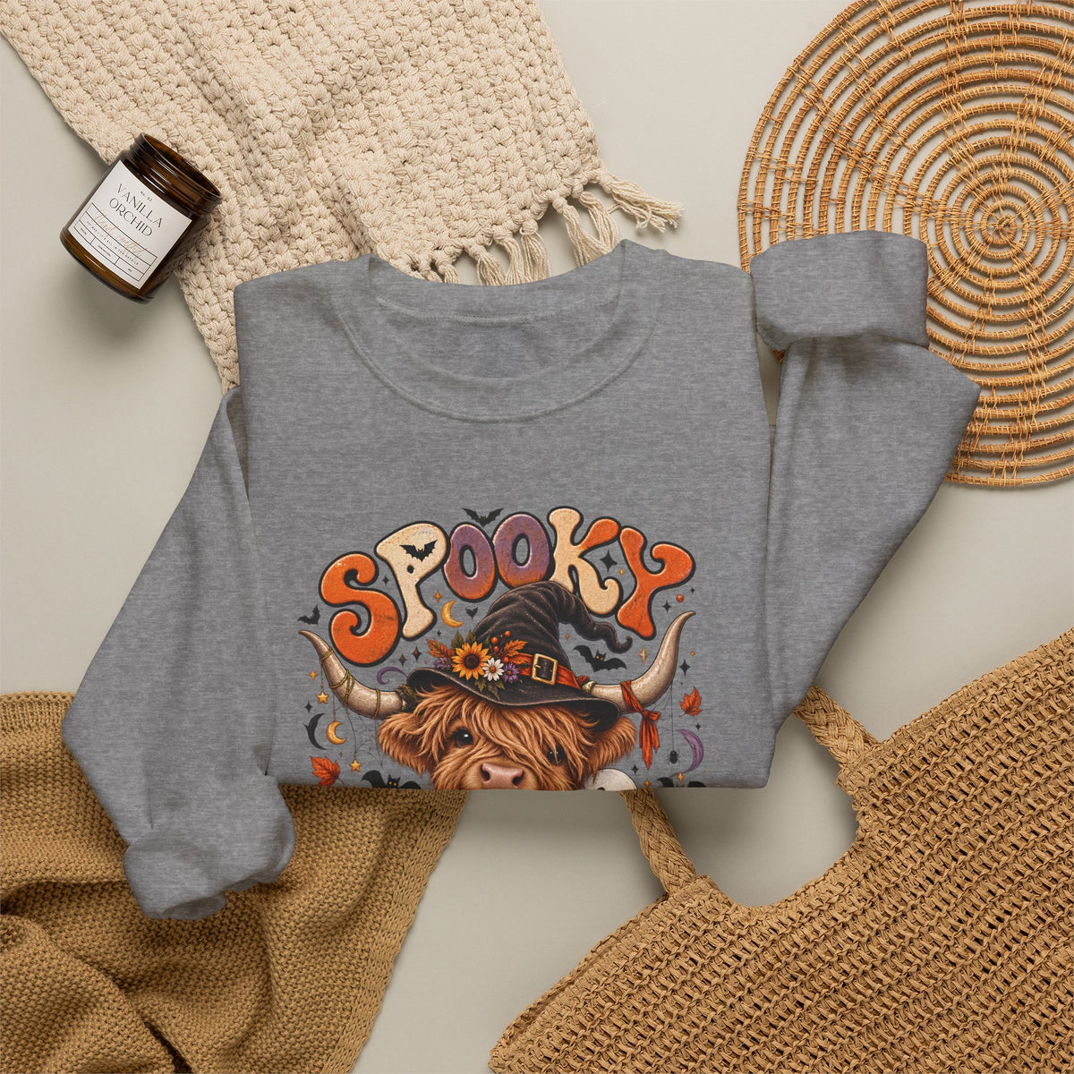Spooky Moo Halloween Sweatshirt — Cute Highland Cow Pumpkin Design