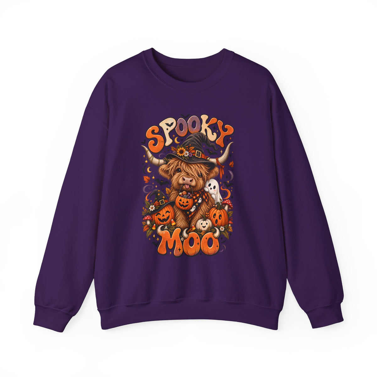 Spooky Moo Halloween Sweatshirt — Cute Highland Cow Pumpkin Design